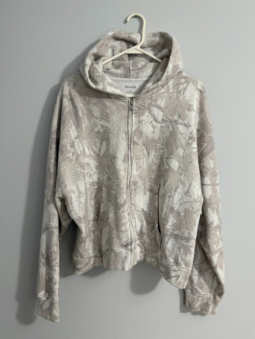 Hollister Womens M Camo Leaf Print Full Zip Hoodie Fleece Sweatshirt White Beige